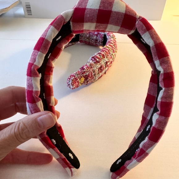 Set of Two Lele Sadoughi Headband Crowns Pink Tweed and Red Gingham - Picture 3 of 5